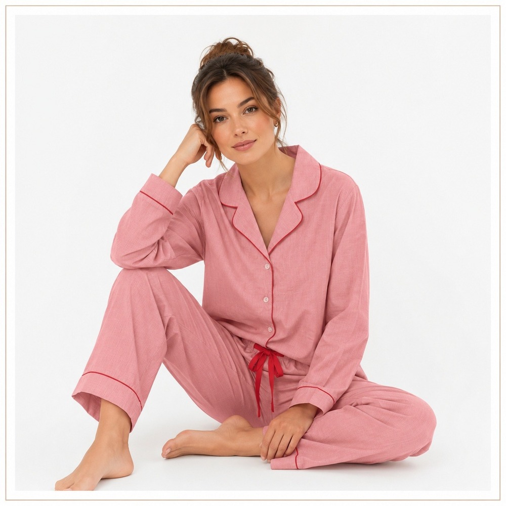 Women's Dusty Rose Button-Front Pajama Set with Contrast Trim